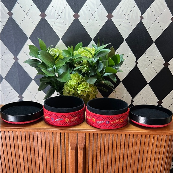 Pair of Vintage Embroidered Fabric Boxes | Hand-Stitched • Round • Red - Picture 8 of 9